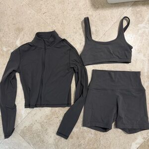 Aritzia TNA 3-Piece Charcoal Active Set - Sports Bra, Jacket & High-Waist Shorts